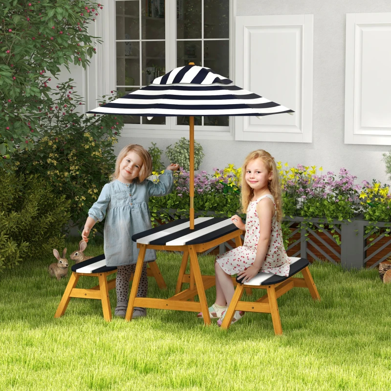 Outsunny Kids Table and Chair Set Wooden Kids Outdoor Table Set with Removable Umbrella for 4 Kids Ages 3-8 Years Old