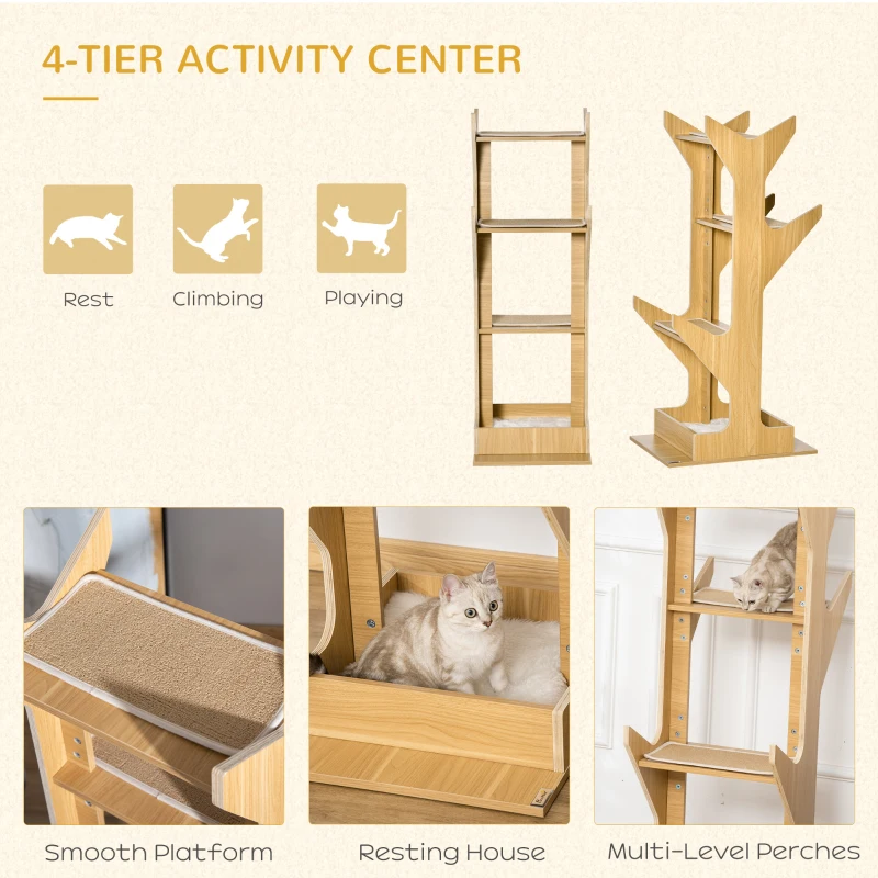 PawHut 4-level Platform Cat Tree with Resting House, Activity Center for kittens, Cat Tower Furniture with Cushion, Oak
