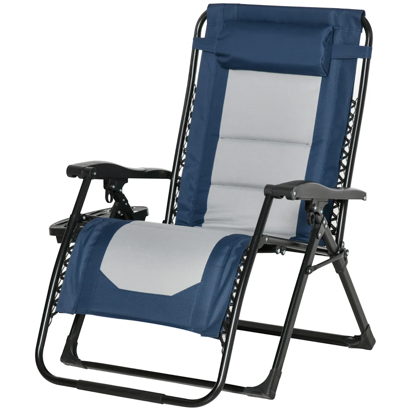 Outsunny Zero Gravity Lounger Chair, Padded Folding Reclining Patio Chair with Cup Holder, Detachable Headrest, Extra Wide Seat, 400 LBS Capacity for Pool, Camping, Blue and Grey