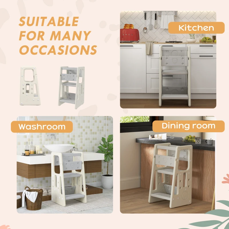 Qaba Kids Step Stool Adjustable Standing Platform Cream White