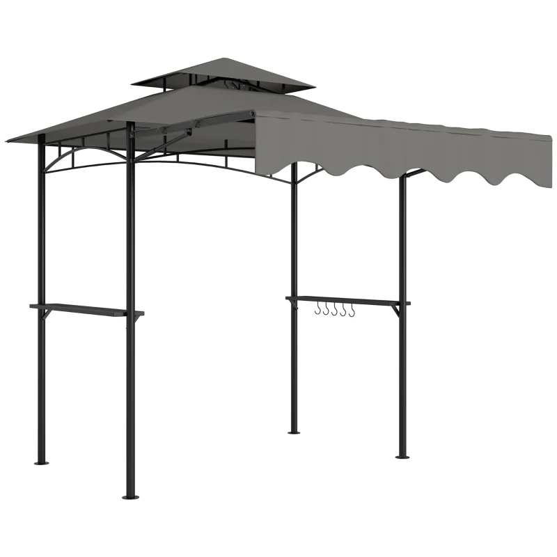 Outsunny 8' x 5' Grill Gazebo, Double Tiered Barbecue Grill Gazebo Shelter with Side Awning, 2 Side Shelves, 6 Hooks, Light Grey