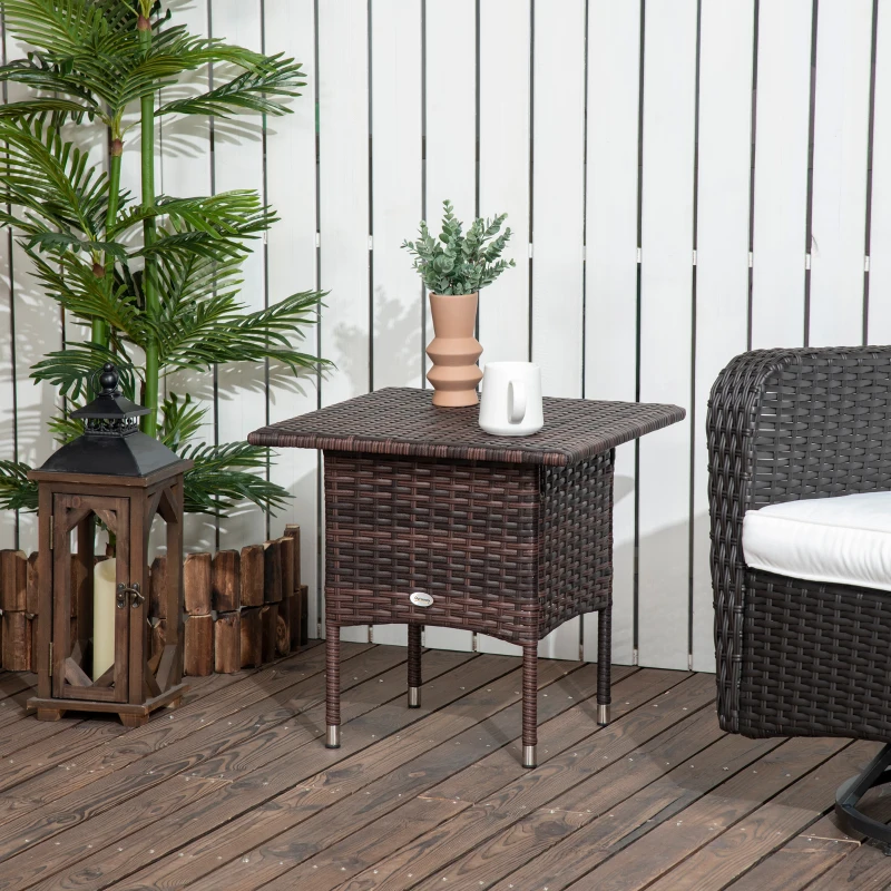 Outsunny 20" Patio Wicker Coffee Table, Outdoor Coffee Table with Plastic Board Underneath the Woven Tabletop for Patio, Garden, Balcony, Mixed Brown