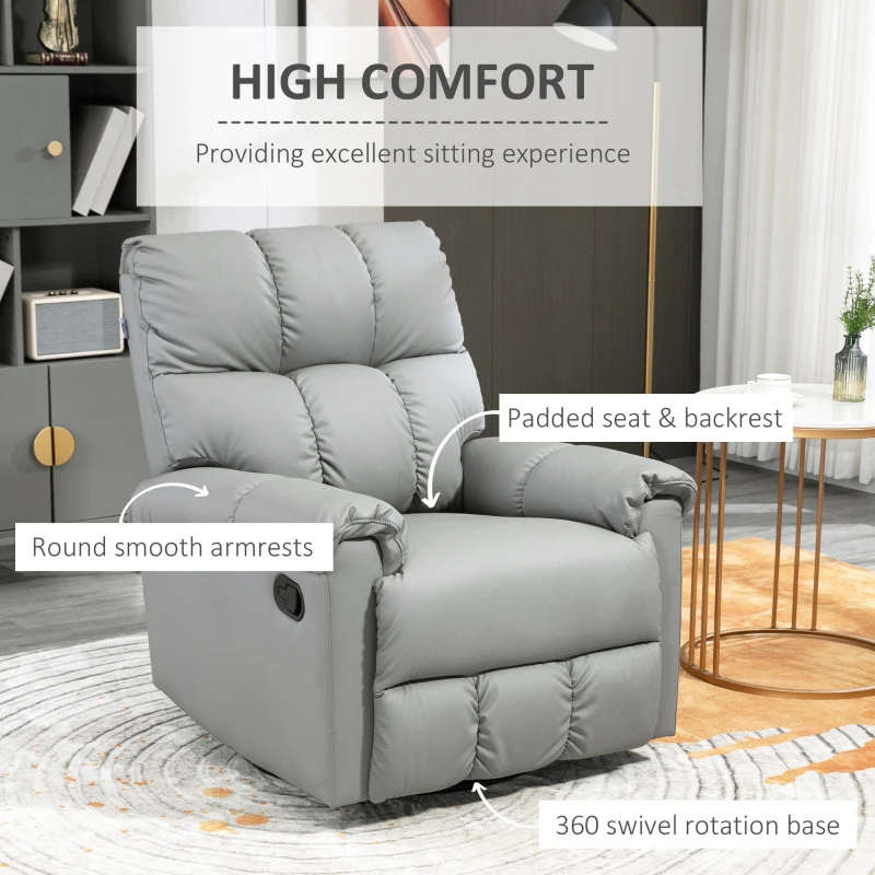 HOMCOM Rocker Recliner Chair with Overstuffed Back and Seat, Faux Leather Manual Reclining Chair with Footrest and 360 Swivel Rotation Base for Living Room, Gray