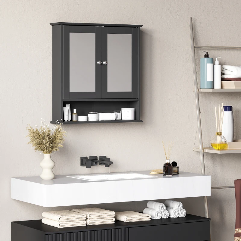 kleankin Medicine Cabinet, Wall-Mounted Bathroom Mirror Cabinet with Double Doors, Open Shelf, and Adjustable Shelf, Modern Bathroom Wall Cabinet, Black