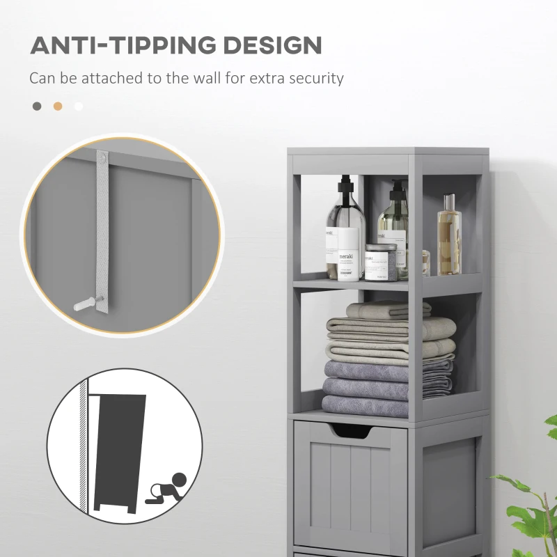 kleankin Narrow Bathroom Cabinet with 3 Drawers and 2 Tier Shelf, Tall Cupboard Freestanding Linen Tower, Grey