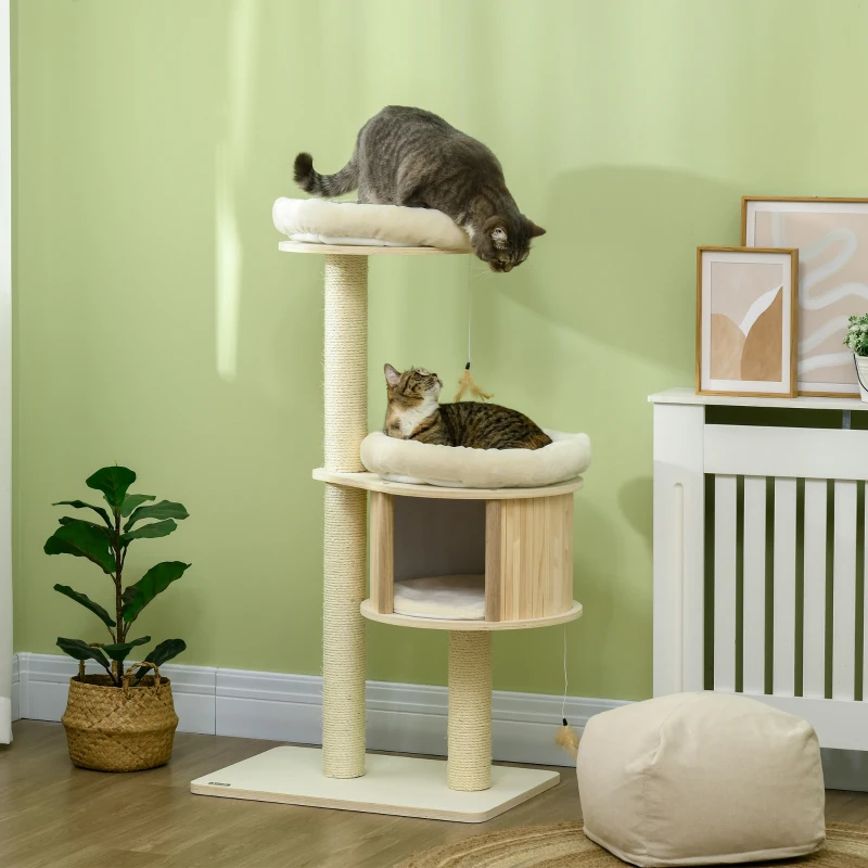 PawHut Cat Tree, 3 Level Cat Tower with Scratching Posts, Bed, Condo, Badminton Toys, for Multiple Kittens