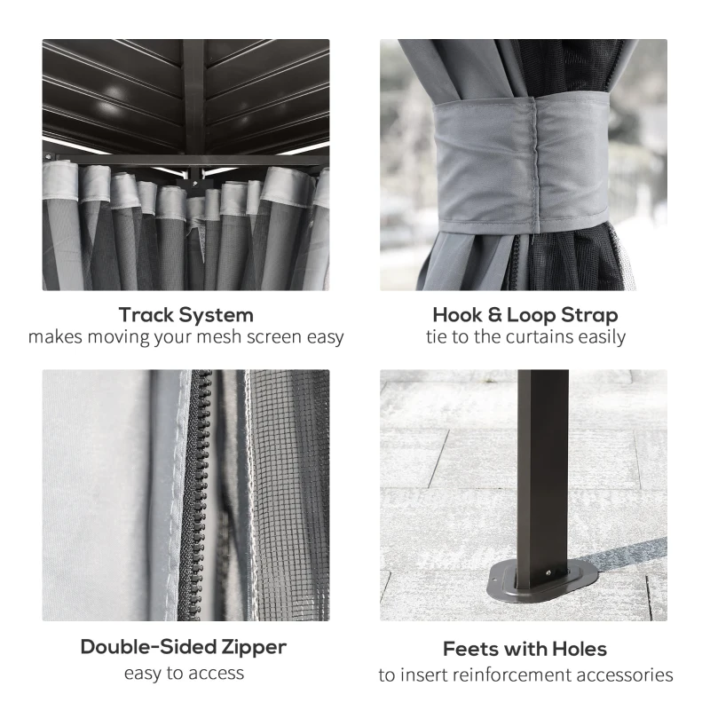 Outsunny 10' x 12' Hardtop Gazebo with Curtains and Netting, Permanent Pavilion Metal Double Roof Gazebo Canopy with Aluminum Frame and Hooks, for Garden, Patio, Backyard, Gray