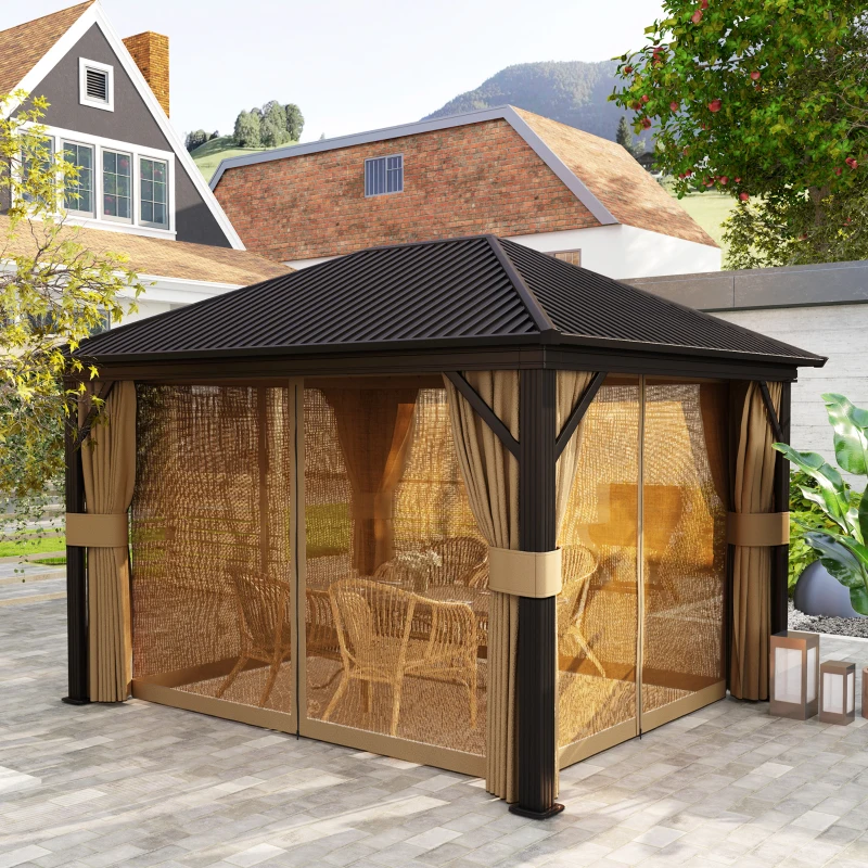 Outsunny 10' x 12' Outdoor Hardtop Gazebo Metal Roof Patio Gazebo with Aluminum Frame, Mesh Nettings, Brown