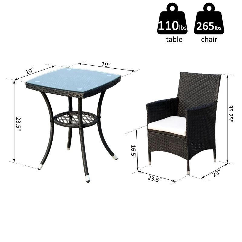 Outsunny 3 Piece Rattan Bistro Table Chairs Set Outdoor Cushioned - Black