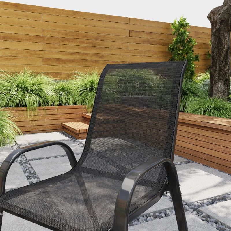 Outsunny Set of 2 Outdoor Dining Chairs, Stackable Lawn Chairs with High Back, Breathable Mesh Seat for Garden Porch, Black