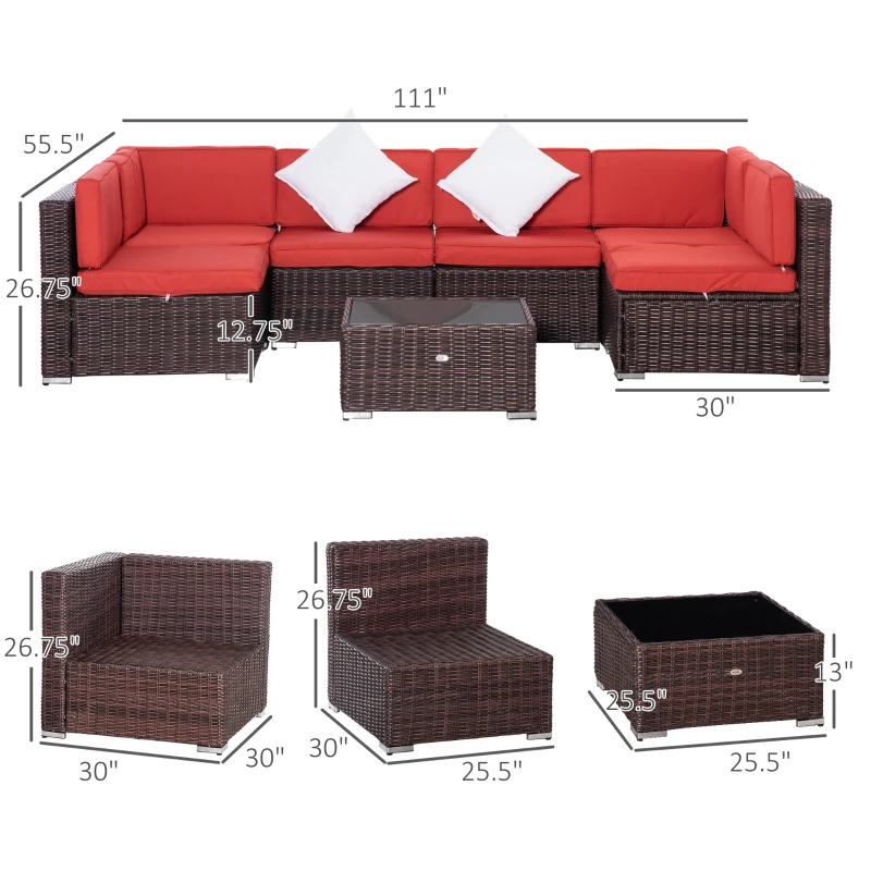 Outsunny 7 Pieces Patio Wicker Sofa Set, Outdoor PE Rattan Sectional Conversation Furniture Set w/ Tempered Glass Coffee Table & Cushion for Garden, Backyard, Red
