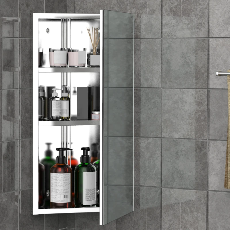 kleankin 12 Inch x 24 Inch Triangle Corner Mirror Medicine Cabinet Wall Mounted with Door 3 shelves, Multipurpose Storage Organizer for Bathroom