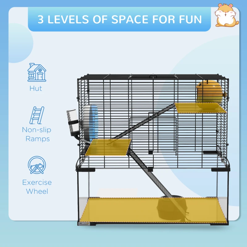 PawHut Hamster Cage, Gerbil Cage with Glass Basin for Small Hamsters, Black