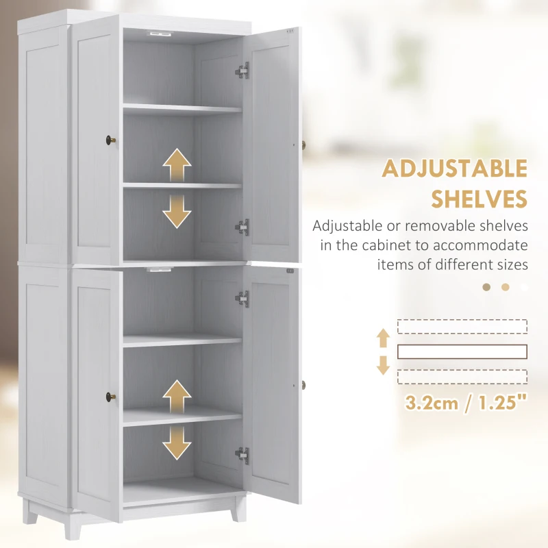 HOMCOM 72.5" Kitchen Cabinet, Pantry Storage Cabinet with 4 Doors, Adjustable Shelves for Dining Room, Distressed White