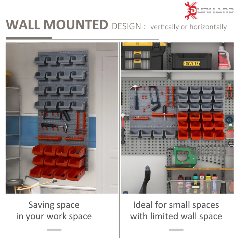 DURHAND 44 PCS Wall Mounted Pegboard Tool Organizer Rack Kit with Various Sized Storage Bins, Pegboard and Hooks, Red