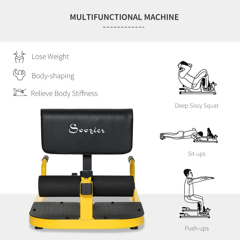 Soozier 3-in-1 Deep Squat Machine with Push Up Bars, Multifunction Sissy Deep Squat Machine Leg Exerciser Ab Strength Training Home Gym Workout, Yellow