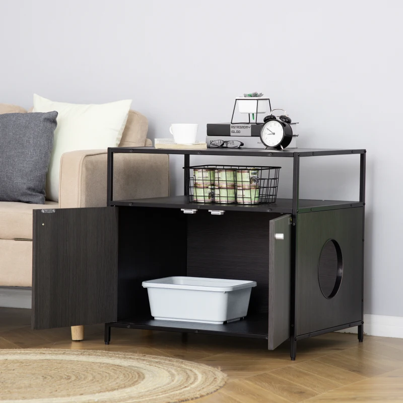 PawHut Wooden Cat Litter Box Enclosure, Hidden Kitten Washroom, Indoor End Table with Magnetic Doors & Storage Shelves, Black