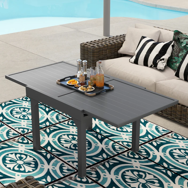 Outsunny 35"-71"  Extendable Aluminium Outdoor Dining Table, Slatted Top Patio Table for 4-6 Person, for Garden, Backyard, Grey