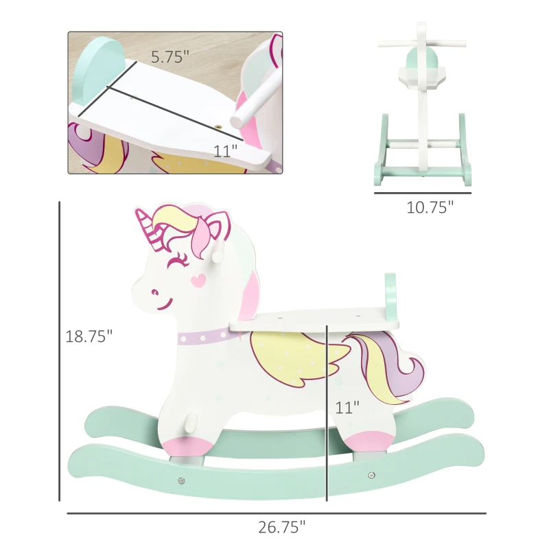 Qaba Wooden Rocking Horse Toddler Rocker Ride On Unicorn for 1-3 Years Old Baby Toy Girl and Boy Gift