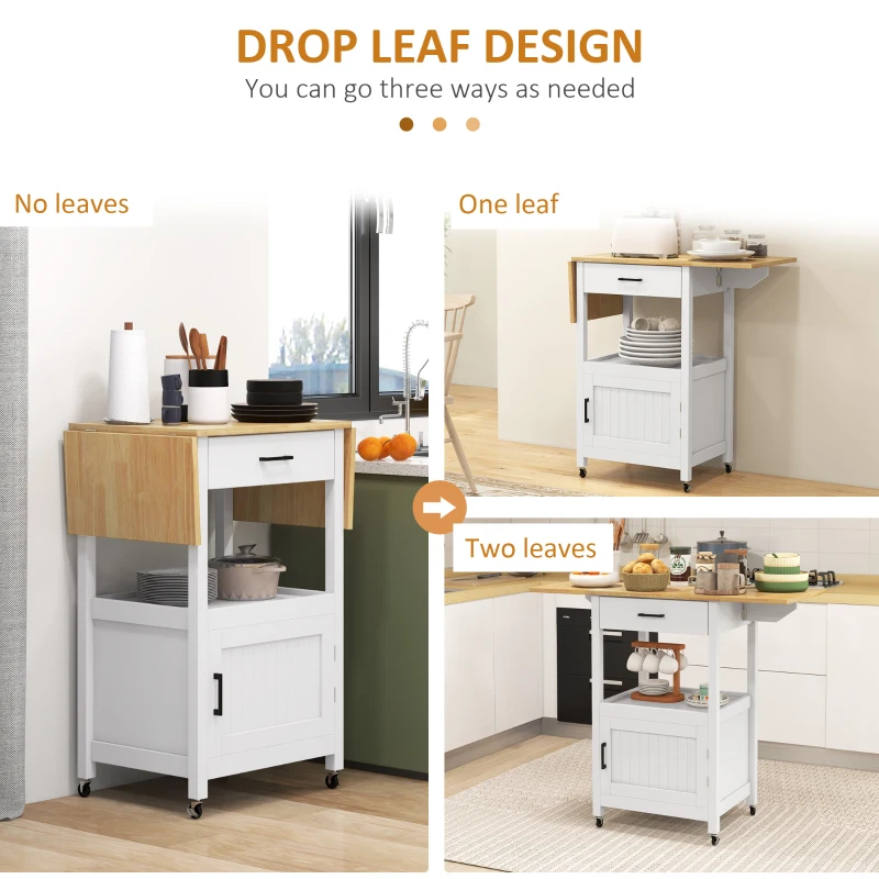 HOMCOM Foldable Kitchen Island with Storage Drawer, Wood Top Coffee Cart on Wheels, Kitchen Cart with Cabinet, White