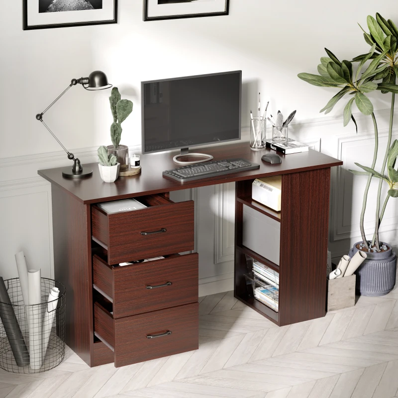 HOMCOM Computer Desk, 47" Writing Table with 3-Tier Shelves and 3 Reversible Drawers for Home Office, Bedroom, Walnut