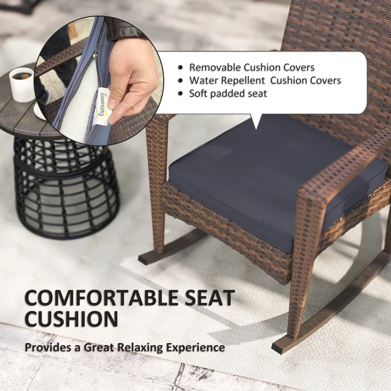 Outsunny Outdoor PE Rattan Rocking Chair, Garden Glider Rocking Chair, Wicker Patio Chair Set with Armrest and Cushion, Dark Blue