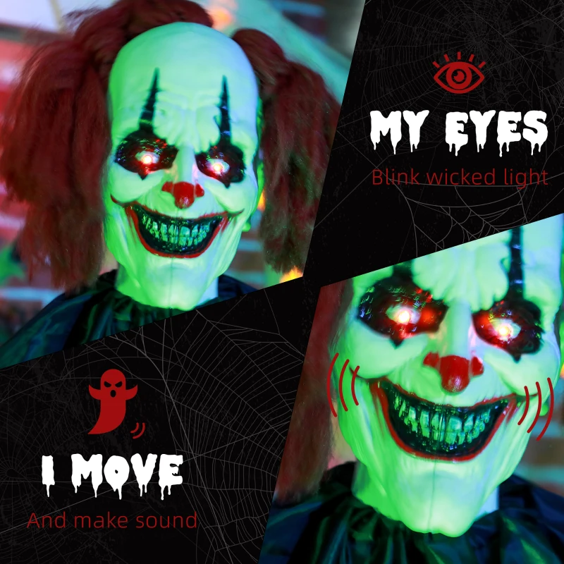 HOMCOM 6' Clown Animatronic, Red Haired Life Size Outdoor Halloween Decoration with Motion Activated Sound & Light Up Eyes