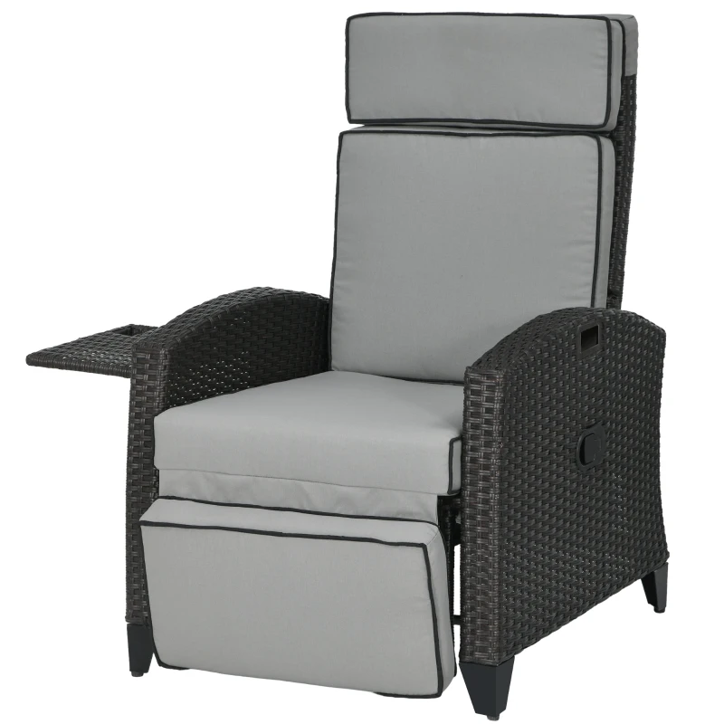 Outsunny Outdoor Recliner Chair with Adjustable Backrest, Cushion, Side Tray, Light Grey