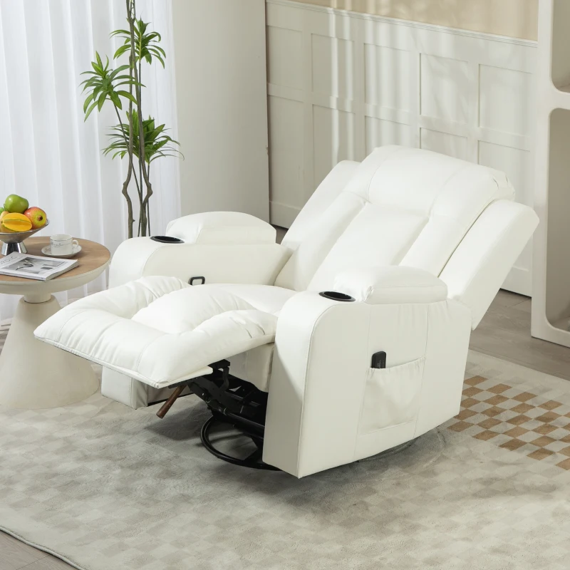 HOMCOM Swivel Massage Recliner Sofa, Overstuffed Manual Reclining Sofa, PU Leather Rocking Chair with Side Pockets, Cup Holders, for Living Room, Nursery, Cream White