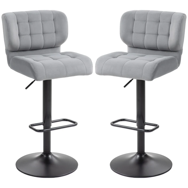 HOMCOM Swivel Velvet-feel Fabric Barstools Set of 2 Adjustable Bar Stools with Footrest for Counter Dining Room Grey