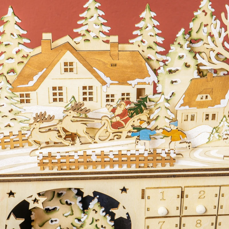 HOMCOM Wooden Christmas Advent Calendar with 24 Countdown Drawers and LED Lights for Kids and Adults, Battery Operated