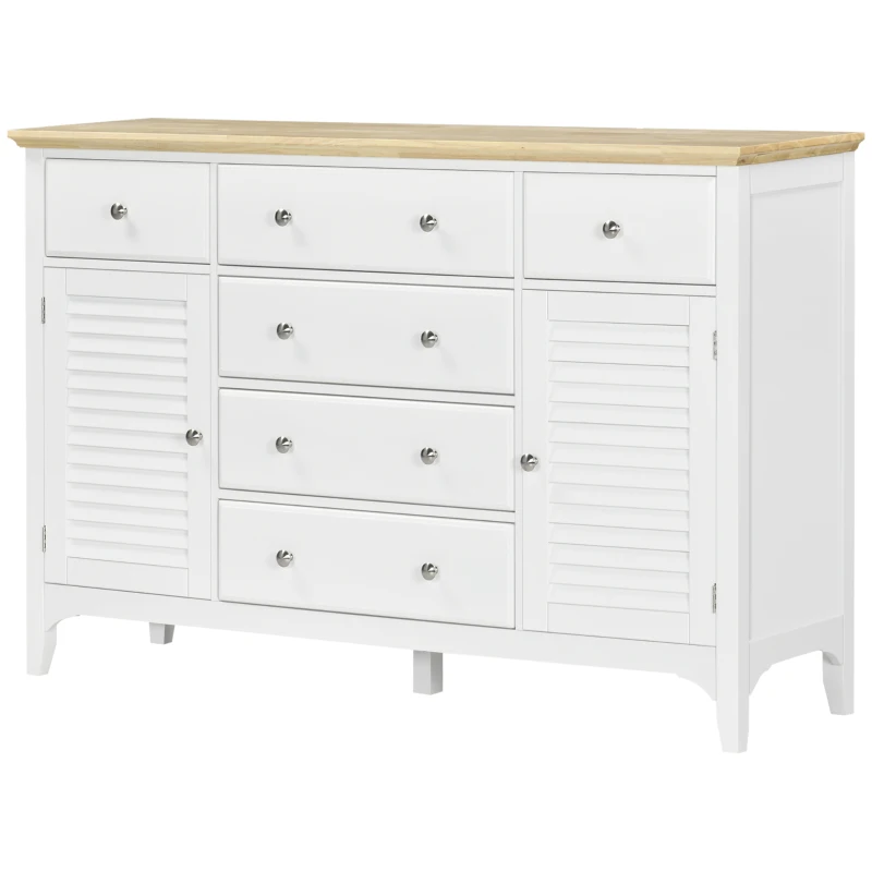 HOMCOM Sideboard Buffet Cabinet with Storage Drawers, Rubber Wood Top and Adjustable Shelves, Kitchen Cabinet Coffee Bar Cabinet, White