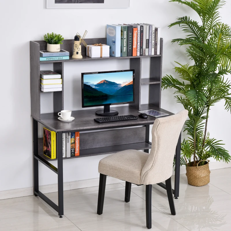 HOMCOM Office Computer Desk Writing Table Workstation with Storage Shelves, Decorative Hutches, & Strong Build, Grey