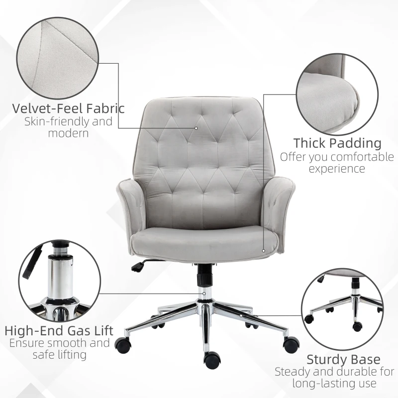 Vinsetto Velvet Home Office Chair, Tufted Height Adjustable Computer Desk Chair with Swivel Wheels and Padded Armrests, Light Gray
