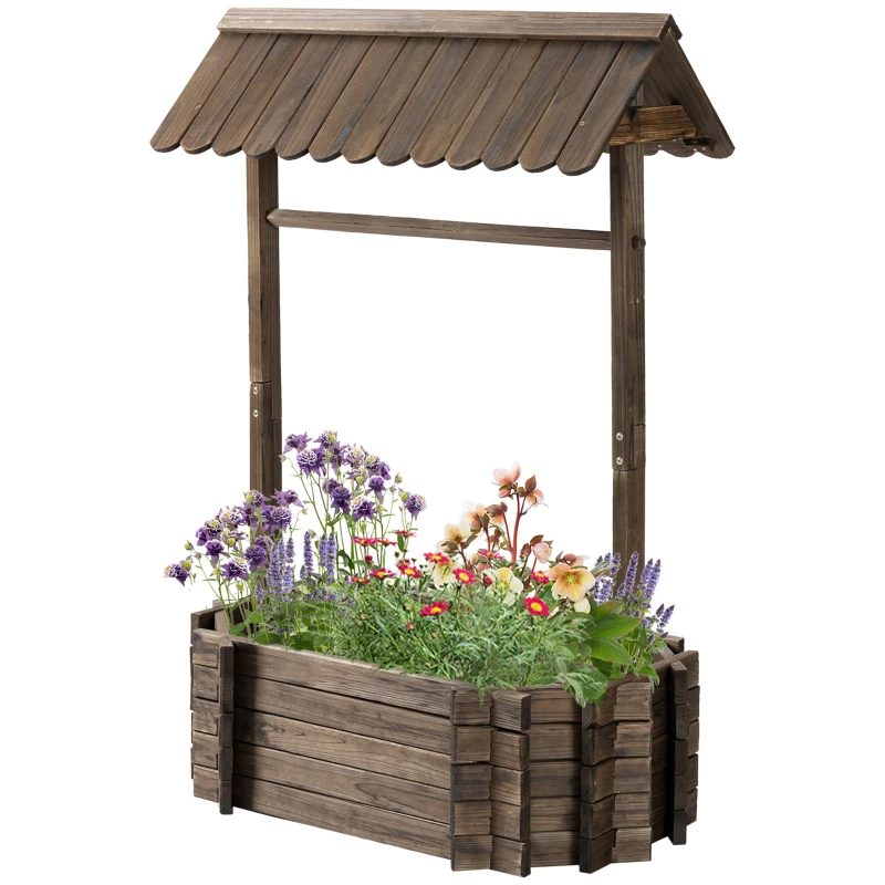 Outsunny Wooden Wishing Well Garden Bed, Rustic Outdoor Flower Planter Patio Ornamental for Plants, Herb, Vegetables, Rustic Brown