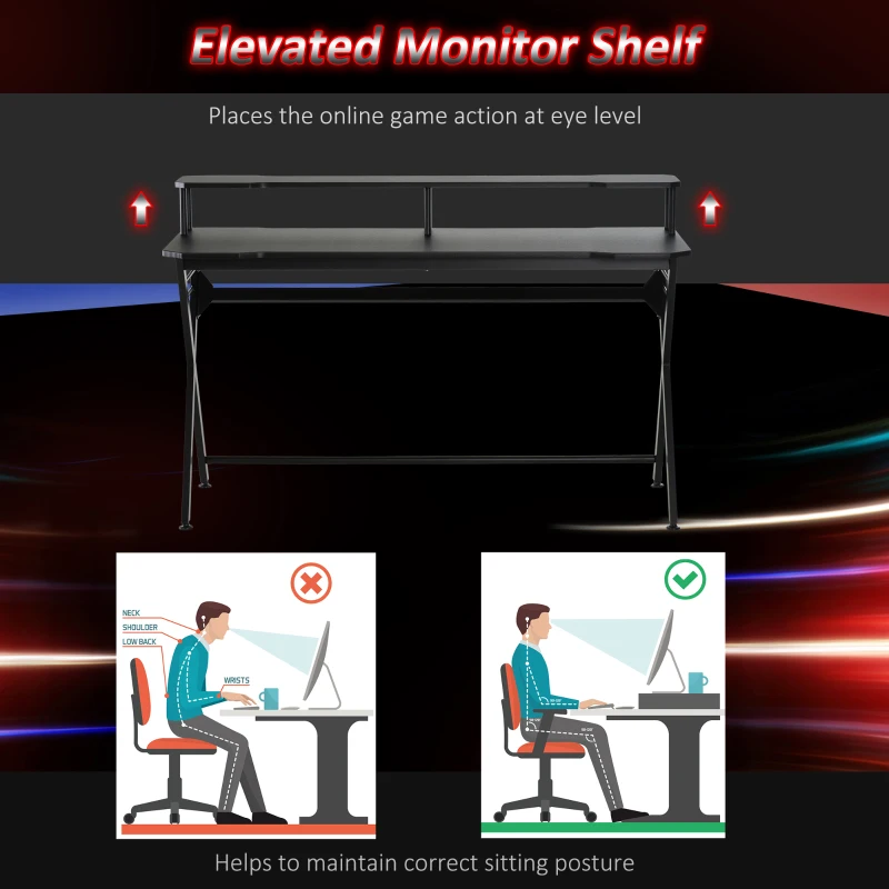 HOMCOM 55 inch Gaming Desk Racing Style Computer Office PC Gamer Workstation with Elevated Monitor Stand, Headphone Hook, Black