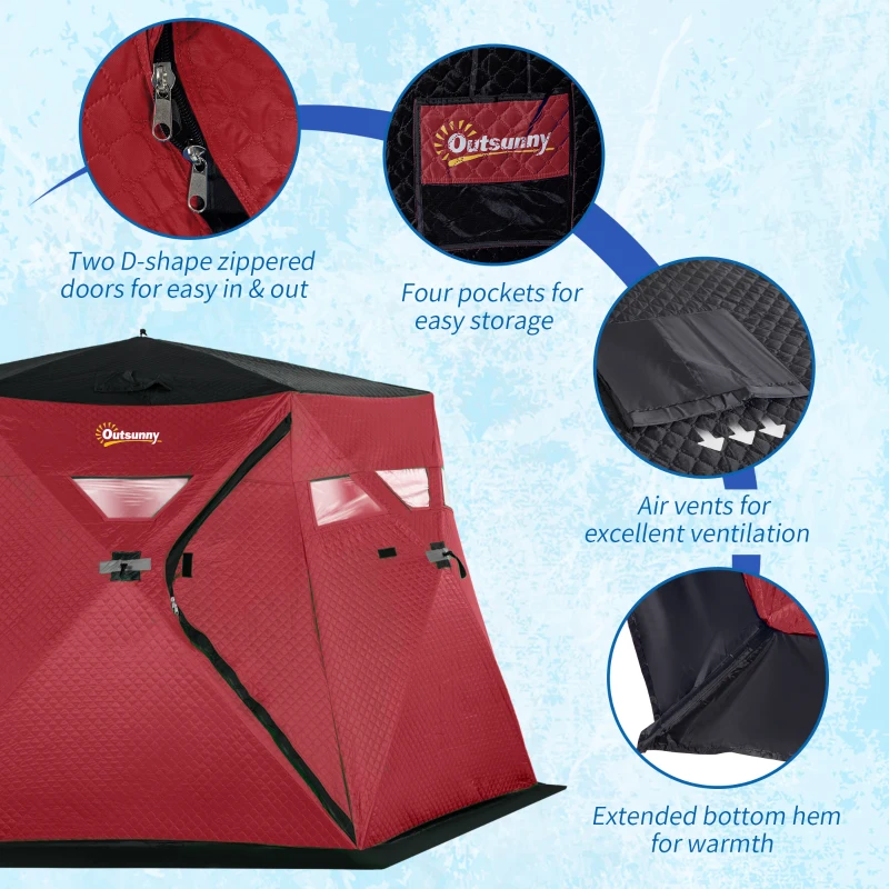 Outsunny 4 Person Insulated Ice Fishing Shelter, 360-Degree View, Pop-Up Portable Ice Fishing Tent with Carry Bag, Two Doors and Anchors for Low-Temp -22℉, Red
