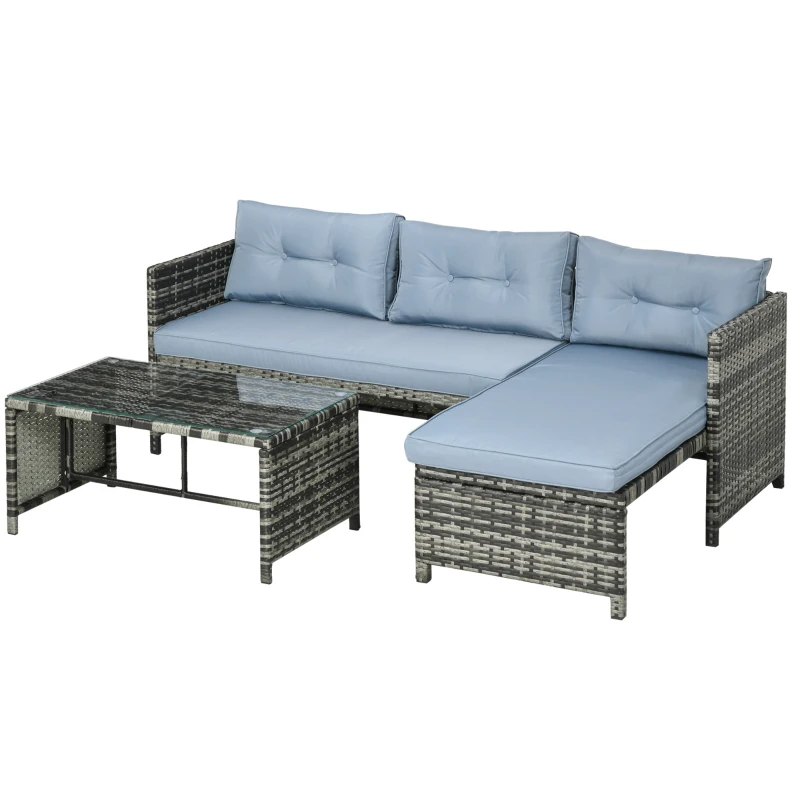 Outsunny 3 Piece Outdoor Patio Furniture Set with Loveseat Sofa, Chaise Lounge, Tempered Glass Table and Cushions, Sectional Wicker Rattan conversation Set for Backyard, Grey