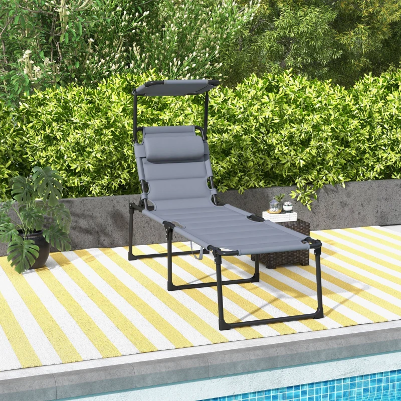 Outsunny Outdoor Lounge Chair, 4 Position Adjustable Backrest, Folding, Cushioned w/ Sun Shade Roof & Pillow, Gray