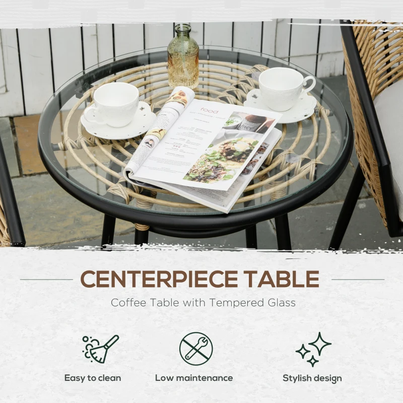 Outsunny 3 Piece Patio Set, Outdoor Bistro Furniture, PE Rattan Wicker Table and Chairs, Cushioned, Barrel Style, Cream White