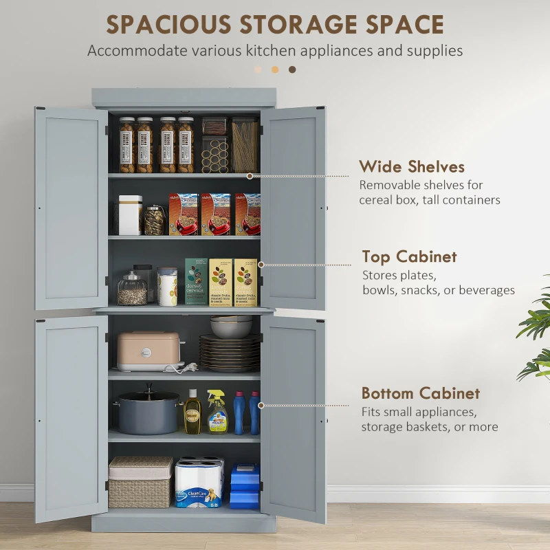 HOMCOM 72" Kitchen Cabinet, Pantry Storage Cabinet with Doors and Shelves, Freestanding Food Pantry Cabinet, Gray