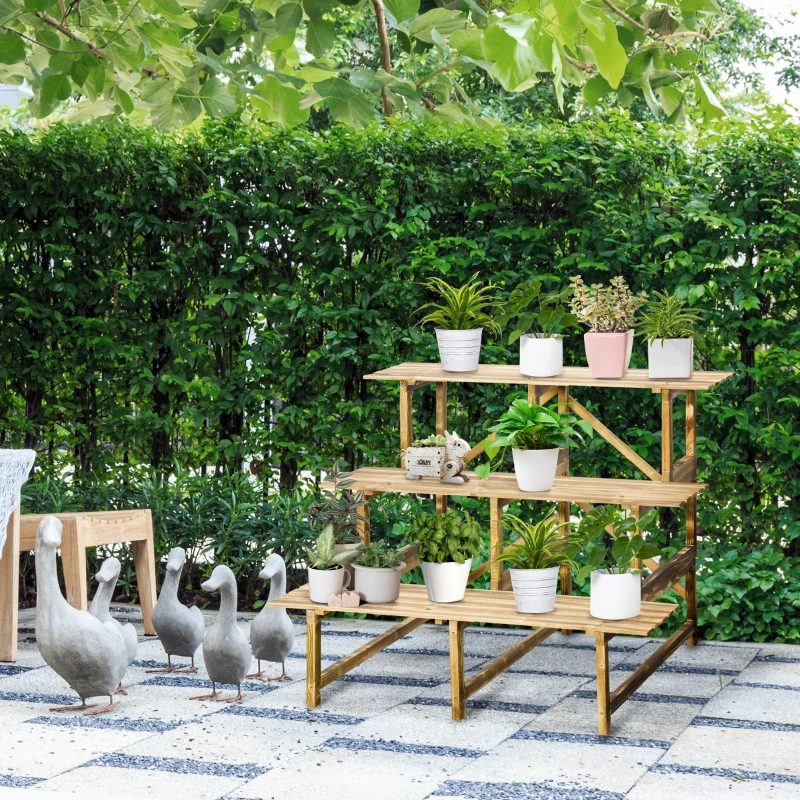 Outsunny 39.5'' L x 31.5" W x 31.5"H 3 Tier Flower Stand Wood Planter Ladder Display  Rack for Garden Indoor Outdoor Backyard Storage Shelf Unit