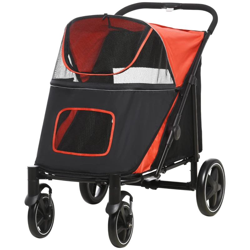 PawHut Dog Stroller for Large Medium Small Dogs up to 66 Lbs. 23.5" in Body Length, One-Click Foldable Pet Cat Stroller with Storage, Shock Absorption Wheels, Mesh Window, Safety Leash, Red
