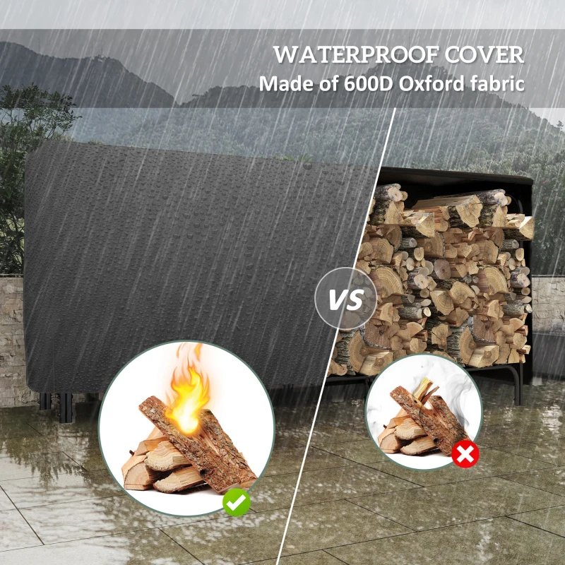 Outsunny 8ft Outdoor Firewood Rack with Cover and Carrier, Adjustable Wood Storage Holder, Indoor Outdoor Log Rack, Black