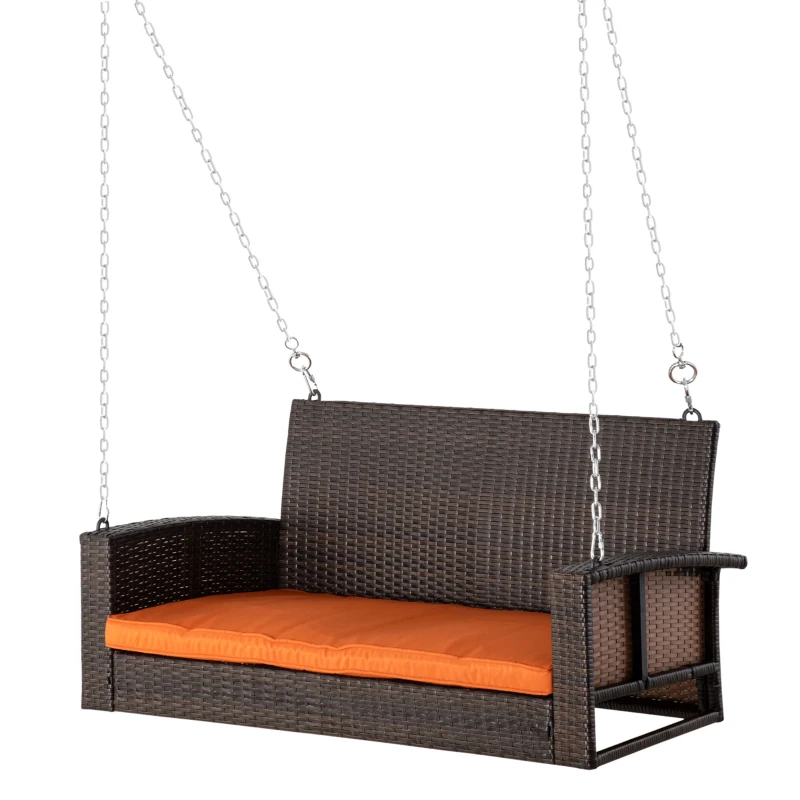 Outsunny 2 Person Wicker Hanging Swing Bench, Front Porch Swing Outdoor Chair with Cushions 550 lbs. Weight Capacity for Backyard, Garden, Orange