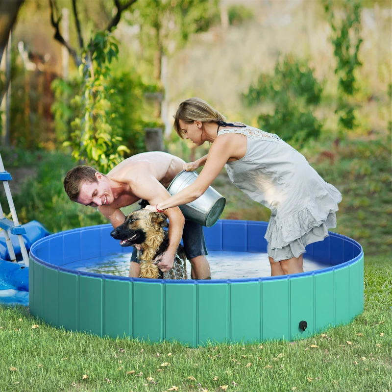 PawHut Φ63" Folding Dog Pool for Large dogs,  Portable Pet Kiddie Swimming Pool, Outdoor/Indoor Puppy Bath Tub with Nonslip Bottom for Dogs & Cats, Green
