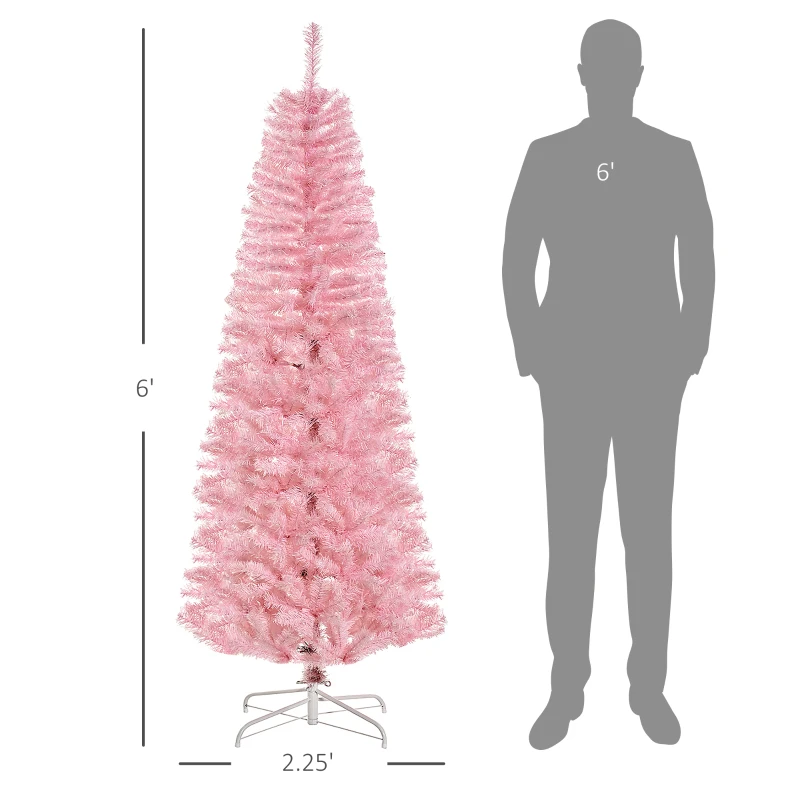 HOMCOM 6' Artificial Christmas Tree Douglas Fir Pencil Christmas Tree with 618 Realistic Branch Tips, Pink