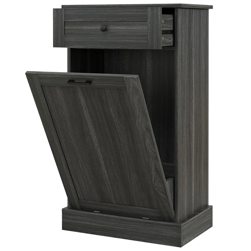 HOMCOM Kitchen Tilt Out Trash Bin Cabinet, Free Standing Recycling Cabinet, Trash Can Holder with Drawer, Charcoal Grey