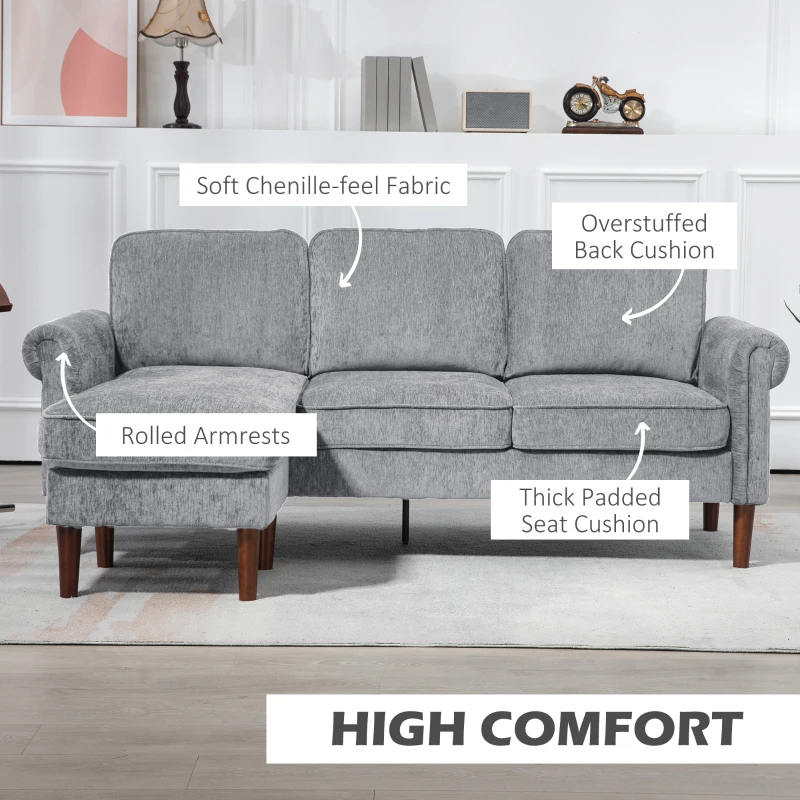 HOMCOM L Shape Sofa, Modern Sectional Couch with Changeable Chaise Lounge, Wooden Legs, Corner Sofa for Living Room, Grey
