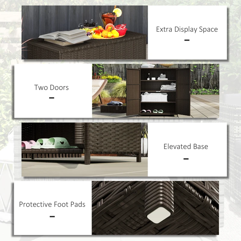 Outsunny Rattan Wicker Outdoor Storage Cabinet with 4 Shelves and 2 Doors for Garden Pool Towel Storage, Coffee